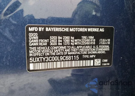 2020 BMW X3 Sdrive30I z USA, uszkodzony, nr VIN 5UXTY3C00L9C68115
